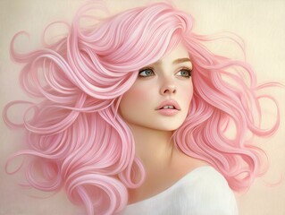 Fototapeta premium woman with pink hair, flowing hair, soft pastel colors, dreamy atmosphere