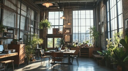Naklejka premium Cozy workspace in an industrial loft with tall windows, vintage furniture, hanging lights, and artistic decor