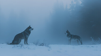 Naklejka premium Two wolves stand in a misty, snowy landscape , The air is still and the scene is shrouded in an eerie silence , The wolves seem alert, their senses heightened in the dim light , A sense of mystery