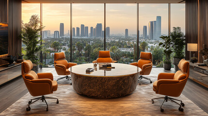 modern luxury office with city view and marble table