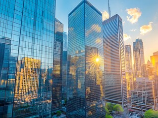 Obraz premium City Skyline Dominated by Tall Glass Skyscrapers Reflecting Sunrise, Modern Urban Architecture with Futuristic Aesthetic in a Serene Morning Glow