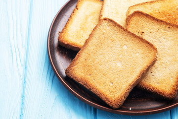 Toast bread in a plate photography . Top view