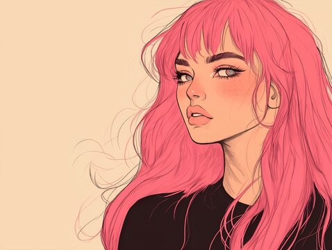 woman with pink hair, close-up portrait, soft pastel colors, dreamy expression