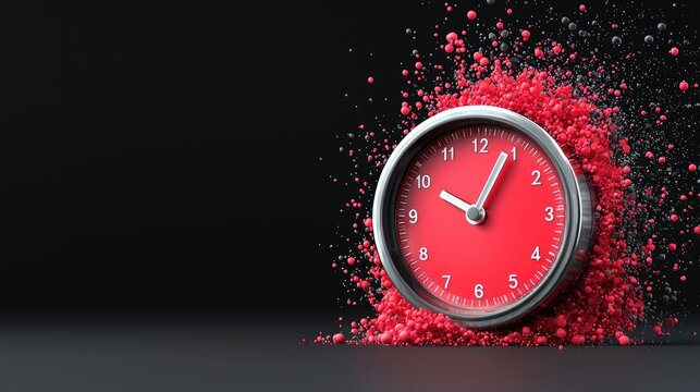 Red clock exploding into particles on dark background; concept of time urgency