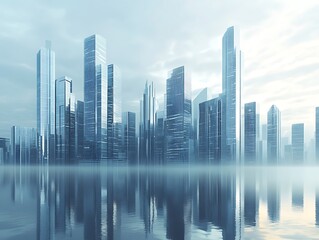 Fototapeta premium City Skyline Dominated by Tall Glass Skyscrapers Reflecting Sunrise, Modern Urban Architecture with Futuristic Aesthetic in a Serene Morning Glow