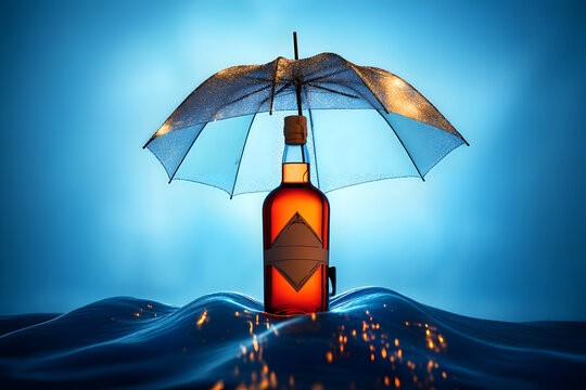 Dry january banner with a bottle of booze under an umbrella on a blue banner