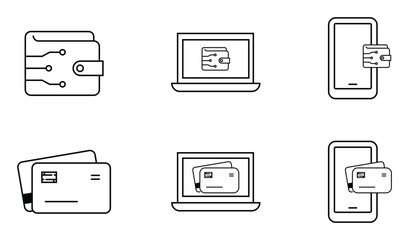 Digital Payment Icon Set Featuring Wallets, Cards, and Devices in Line Style