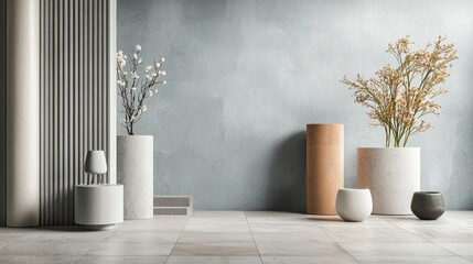 Modern interior with ceramic vases and natural elements