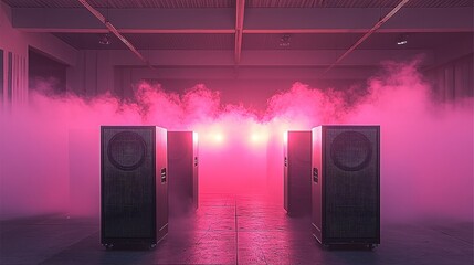 Massive sound system, nightclub, dance floor, lasers, no people, big speakers, smoke, pink gradients.