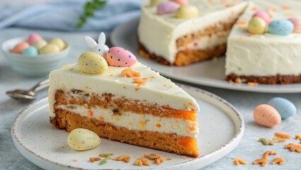 Delicious slice of cottage cheese carrot cake adorned with pastel candy eggs, perfect for spring celebrations and festive gatherings