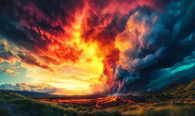 Stunning Volcano Eruption with Flowing Lava in a Lush Paradise, Captivating Nature's Fury and Breathtaking Fiery Display, Dramatic Sky and Landscape Scenery, Generative AI