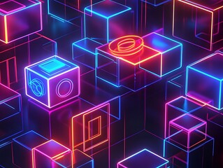 Fototapeta premium 3D Abstract Shapes with Neon Lights Forming a Grid Pattern in Vibrant Pink and Blue Colors, Futuristic Digital Background with a Tech Aesthetic
