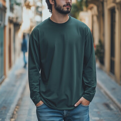 Fototapeta premium Mockup of a man wearing a blank long-sleeved green T-Shirt, isolated on the background of an old city street, Ai generated images