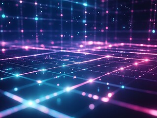 Obraz premium 3D Abstract Shapes with Neon Lights Forming a Grid Pattern in Vibrant Pink and Blue Colors, Futuristic Digital Background with a Tech Aesthetic