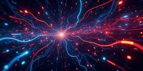 Dive into a vibrant cosmic tunnel, where red and blue neon trails illuminate a dazzling, star-filled expanse.