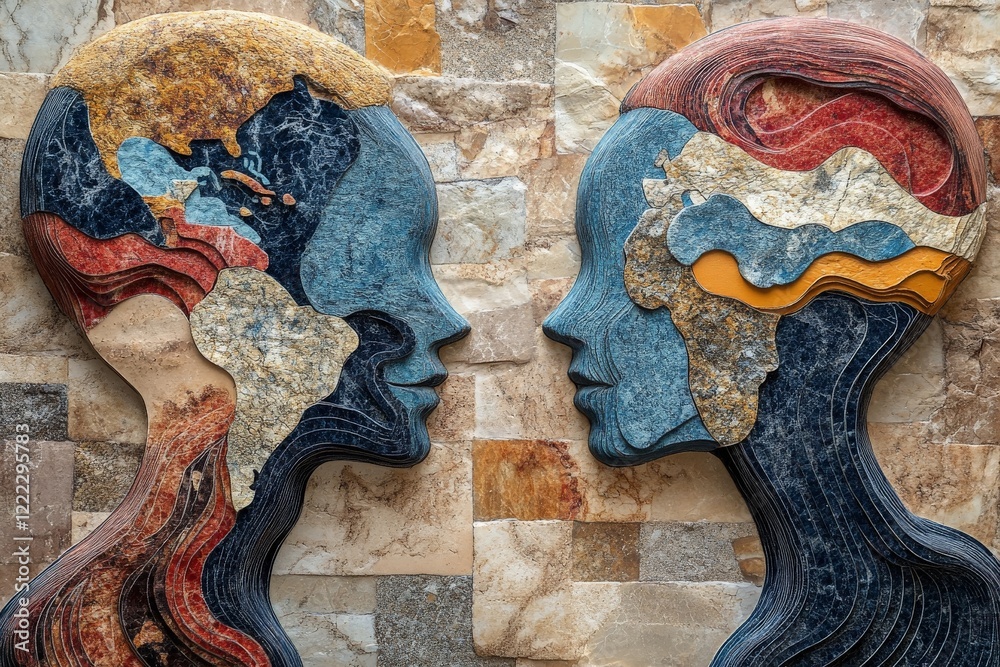Poster two artistic profiles incorporating colorful geographical patterns, symbolizing human connection and