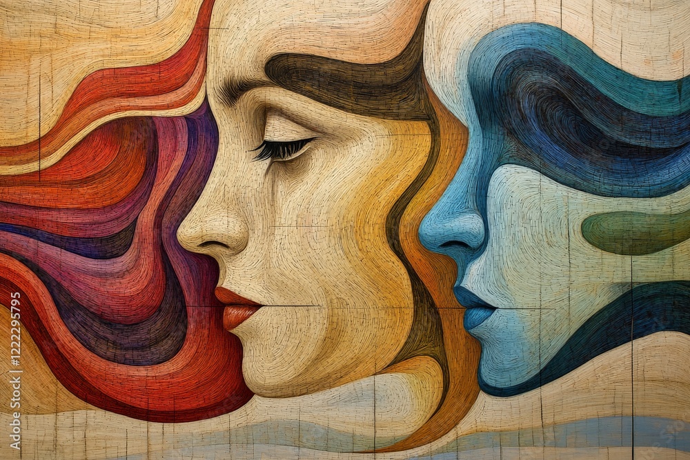 Aufkleber An abstract composition featuring two profiles with vibrant flowing colors, symbolizing harmony and duality in a stylized modern art approach.