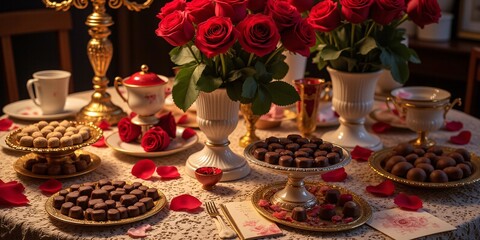 Fototapeta premium A romantic table setting awaits: roses, chocolates, and elegant gold tableware create a dreamy atmosphere. Perfect for a special occasion!