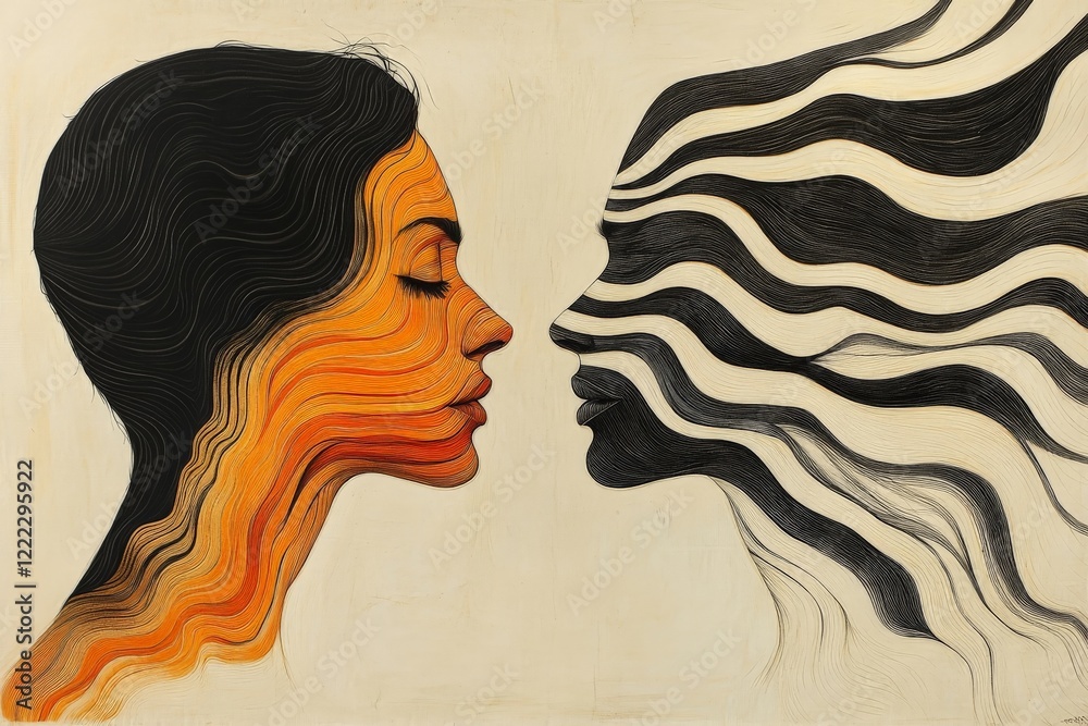 Aufkleber This image showcases two profile silhouettes intricately intermixed with flowing, abstract lines, creating an artistic portrayal of unity and contrast in monochrome tones.
