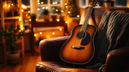 Fototapeta premium Cozy Evening with Acoustic Guitar on Brown Leather Sofa