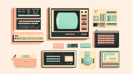 Social media posters template with retro desktop computer interface with message frames, loading bars, buttons and folders. Old pc screen layouts, vector cartoon set