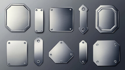 Steel metal tag plate of rectangular, square and hexagon shape with rivets. Realistic vector set of blank aluminum nameplates or boards with screws. Chrome surface empty plaque or frame mockup.