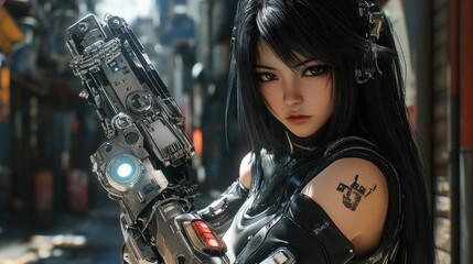 Obraz premium Cyberpunk Girl with Futuristic Weapon