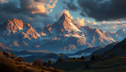 Majestic Sunset Mountain Landscape with Snow Peaks