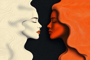 This minimalist artwork presents contrasting profiles with intricately flowing hair, embodying themes of identity and elegance through simple yet striking visual elements.