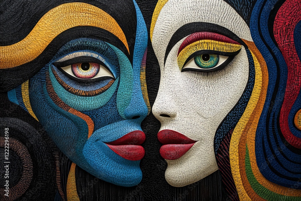 Aufkleber this artwork features two vibrant faces, depicted with flowing lines and bold colors, capturing the 