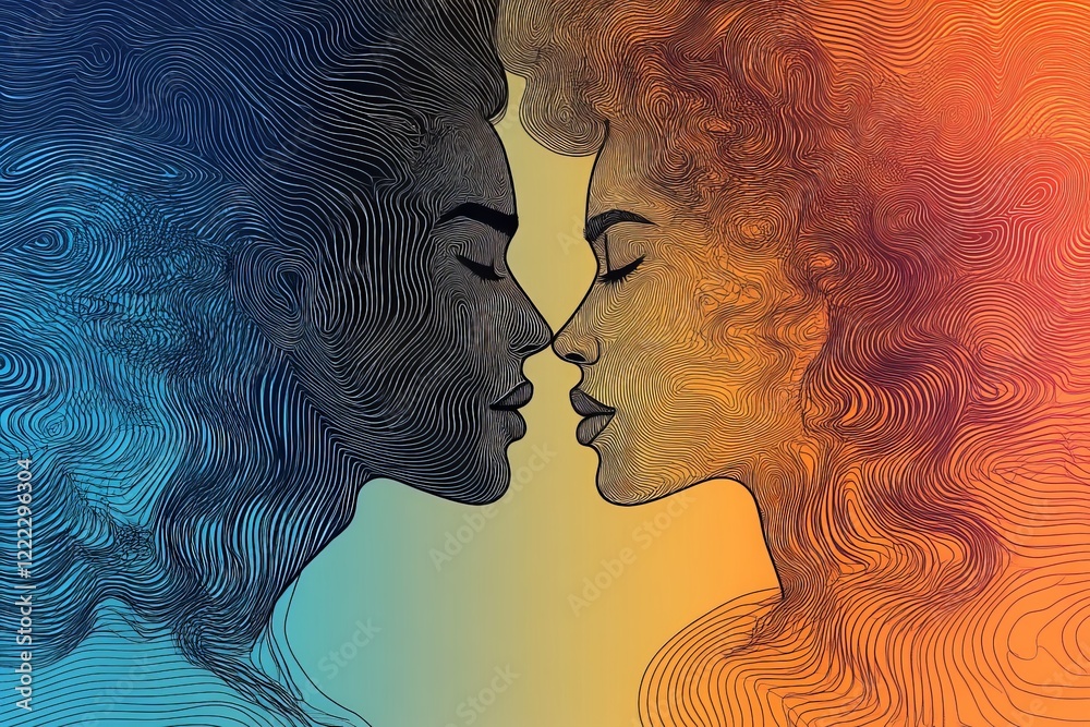 Aufkleber This abstract artwork features symmetrical faces with intricate lines and color design, exploring harmony and balance in a modern artistic expression.