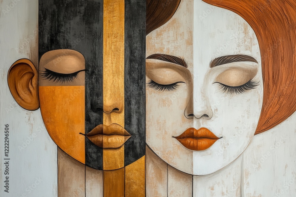 Aufkleber this artwork features two abstract faces in contrasting colors, with closed eyes and serene expressi