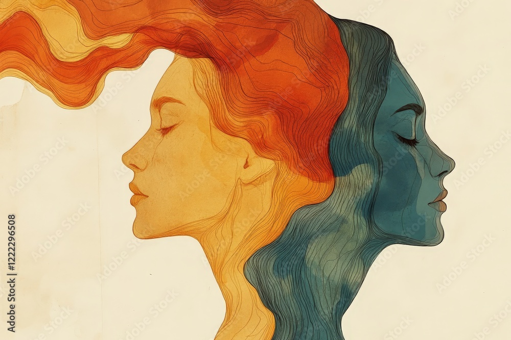 Poster an abstract illustration capturing two faces facing opposite directions with flowing hair, using war