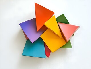 geometric shapes, colorful triangles, 3d rendering, white background, abstract design