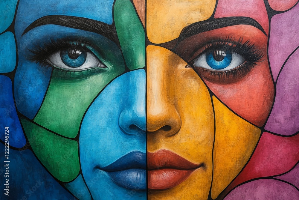 Poster This striking artwork features two faces intricately designed in a mosaic-like style using bold colors, symbolizing diversity, unity, and cultural fusion.