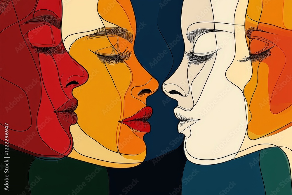 Poster an intricate illustration featuring profiles of abstract faces in diverse colors, exploring themes o