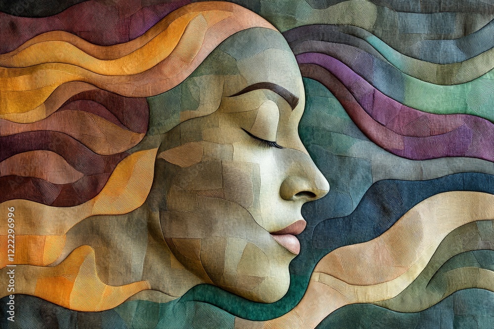 Aufkleber A serene profile overlaid with flowing waves of colorful abstract patterns, communicating tranquility, introspection, and a blend of artistic and natural elements in harmony.