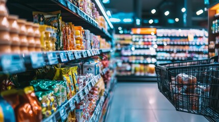 Supermarket aisle with a cart in focus