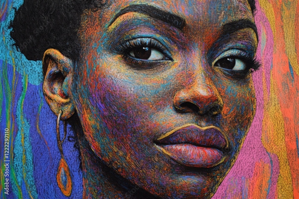 Poster A vibrant portrait of an individual that embodies strength and self-assurance, enhanced by the bold use of colors and expressive lines that highlight uniqueness.