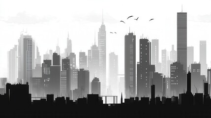 Urban Skyline Silhouette with Birds and cloudy Horizon Line