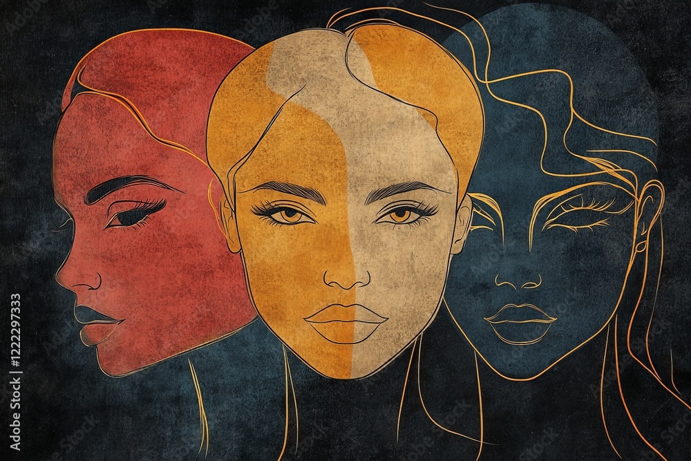 Poster This artwork showcases three abstract female faces fused together, each with distinct colors and features, expressing unity and diversity in a unique artistic manner.