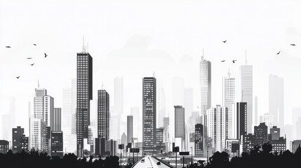 Fototapeta premium Urban Cityscape Illustration with Skyline and Road in Black and White