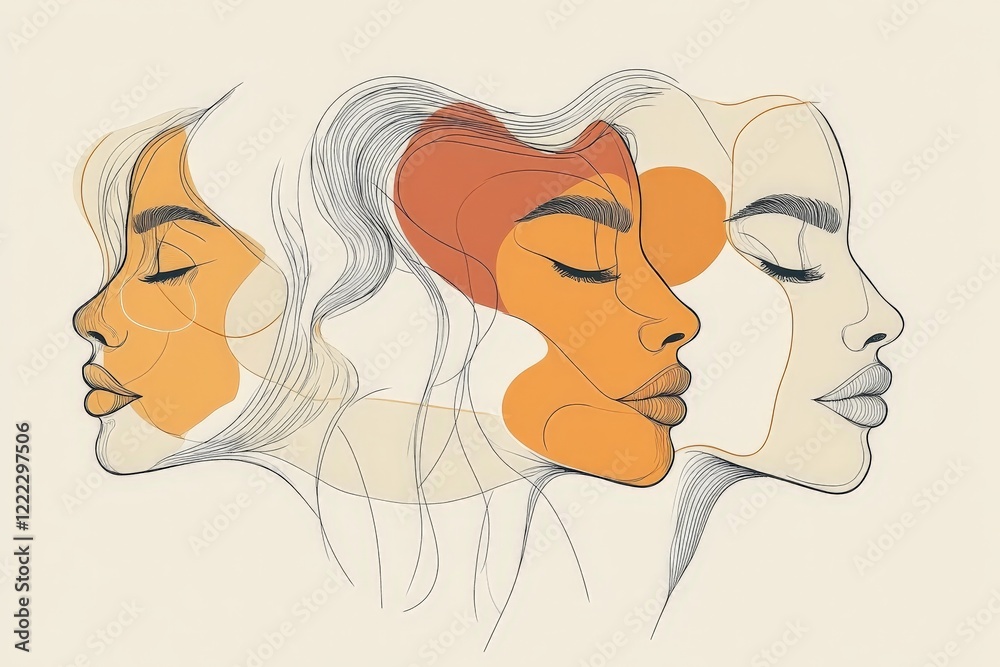 Poster three artistic face outlines overlap in minimalistic style, highlighting beauty and grace with elega