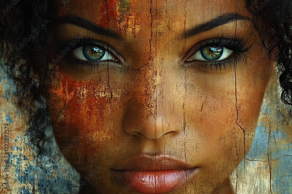 Poster A close-up portrait features expressive eyes set against a textured backdrop, merging raw intensity with artistic elegance in a captivating and iconic representation.