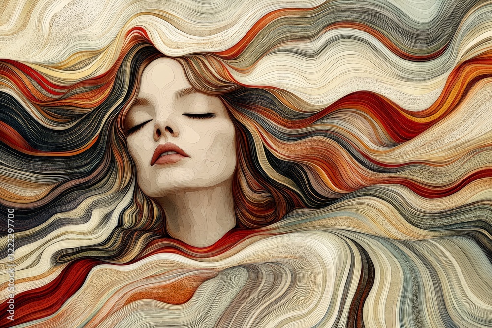 Poster a fluid artistic creation featuring a merged human face with flowing wavy lines, embodying motion an