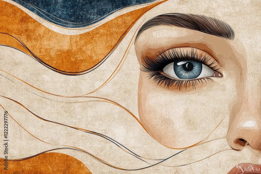 Aufkleber An abstract artwork showcasing a partial face intertwined with flowing elements, blending sharp lines and soft curves for a visually engaging modern artistic style.