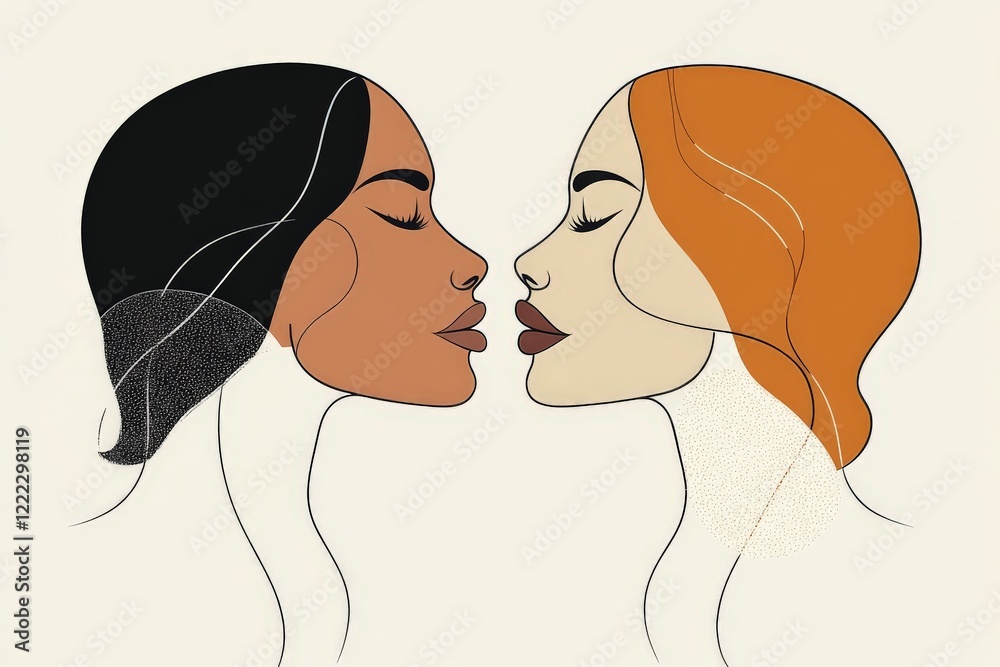 Poster this line art drawing shows two profiles facing each other, one of darker skin tone and one of light