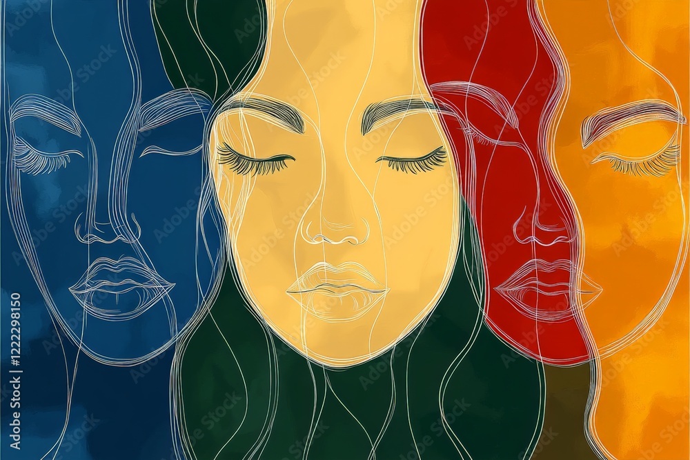 Poster featuring multiple faces in primary colors on an ethereal blue and green background, this image repr