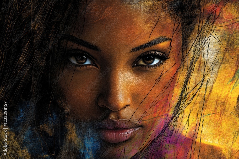 Poster A realistic portrait of a woman's face, striking and beautiful, accentuated by dynamic brushstroke patterns with vibrant splashes of color on the surface.