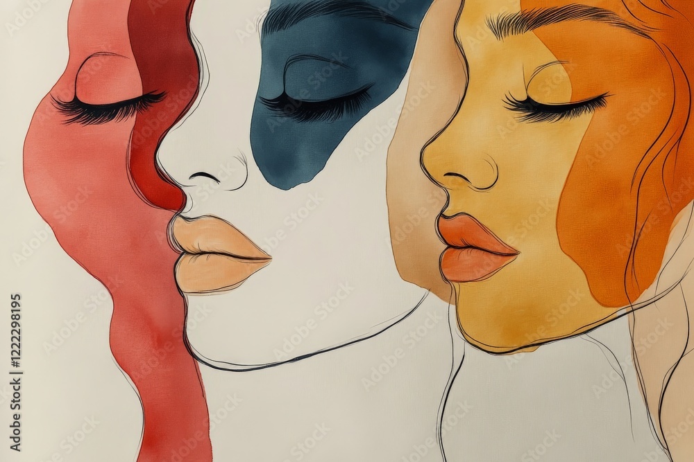 Poster This piece portrays multiple elegant faces in a simplistic and minimal line art style with earthy hues, exploring serenity and inner peace through gentle abstraction.